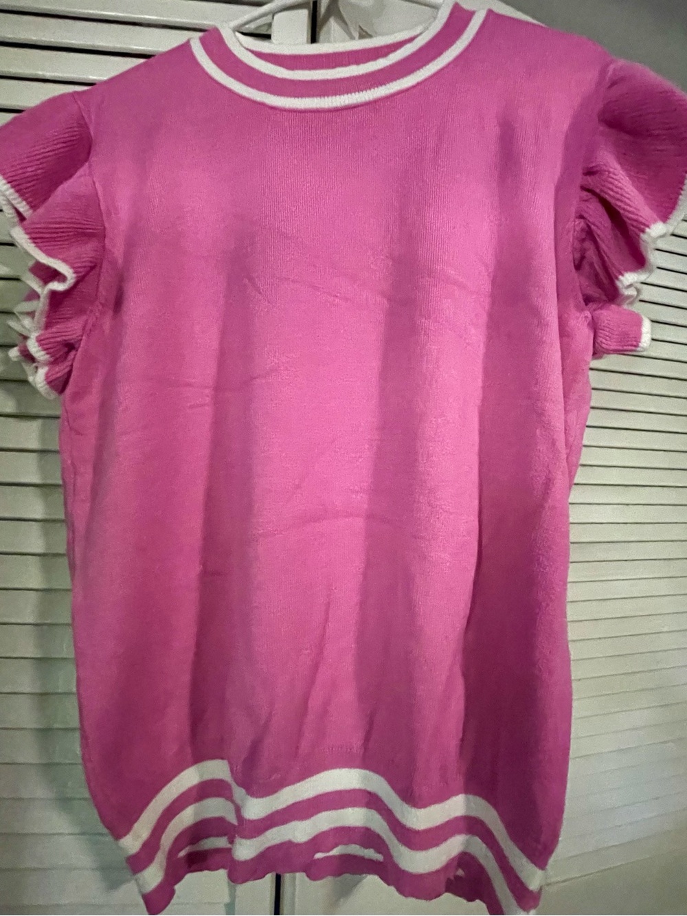 Pink Ruffle-Sleeve Knit Top with Contrast Trim
